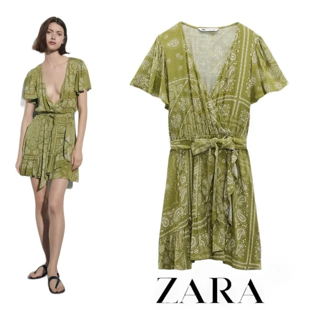 ZARA Khaki Green Paisley Wrap Mini Dress Size M NWT 3564/087